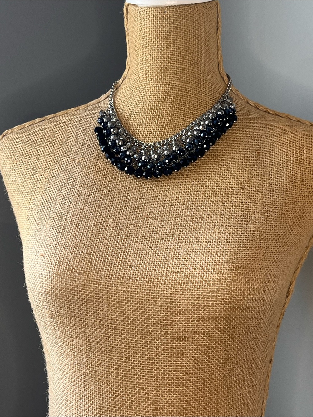 Statement Black and Silver Beaded Collar Necklace -